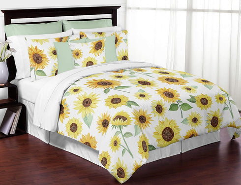 Set 4 Set Sweet Jojo Designs Yellow, Green and White Sunflower Boho Floral Queen Sheet - piece - Farmhouse Watercolor