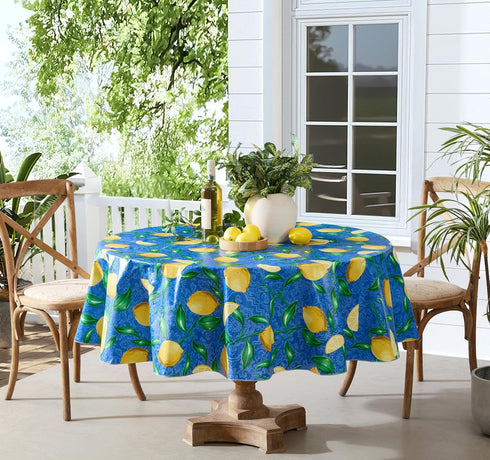 Newbridge Round Vinyl Tablecloth, 70 Inch, Mediterranean Zest Vinyl Flannel Backed Table Cloth with Lemon Print