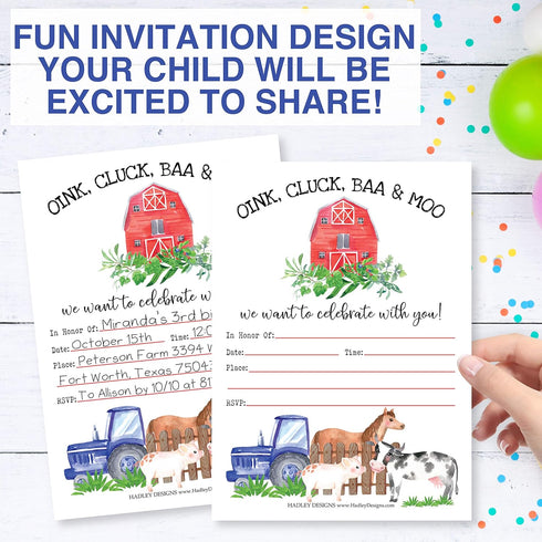 Hadley Designs 25 Birthday Party Invitations, Farm Barnyard Animal Pig Cow for Girl Boy, Printable Template, Tractor