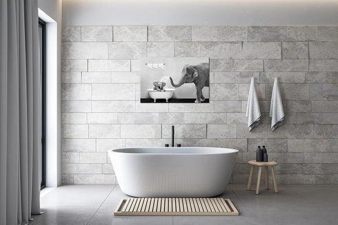 Piy Painting Elephant Bathroom Decor Wall Art, Funny Canvas Prints of Mother and Child Playing Water in Bath Crock