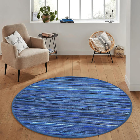 The Beer Valley Cotton Woven Rag Rug, 4' Round - Navy Blue Boho Circle Rug for Living Room, Bathroom, Bedroom