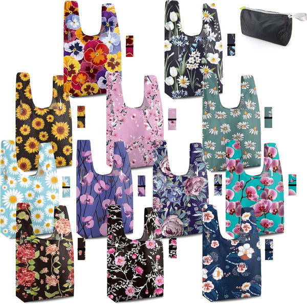 BeeGreen Large Flower Tote Bag - 12 Pack Heavy Duty Reusable Grocery Bags