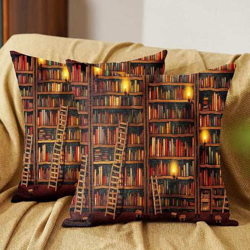 18x18 Inch Set (Pack 2) Linen Throw Pillow Covers of - Retro Bookshelf, Vintage Grand Library Premium Couch Cushion