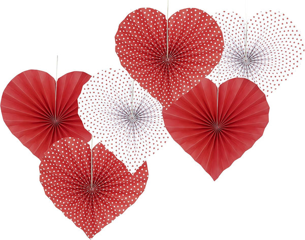 Red Heart Valentines Party Hanging Decorations, 6pc Paper Fans for Wedding Anniversary Bachelorette Baby Shower