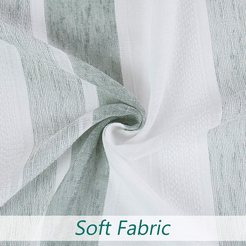 Central Park Sage White Stripe French Door Curtain Panels, 50"x72"x2 Boucle Linen Texture Sheer Drapes with Tieback