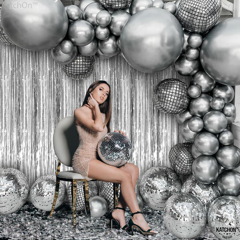 KatchOn XtraLarge Silver Backdrop Curtain - 3.2x8 Feet, Pack of 2 | Silver Streamers for Disco Party Decorations,