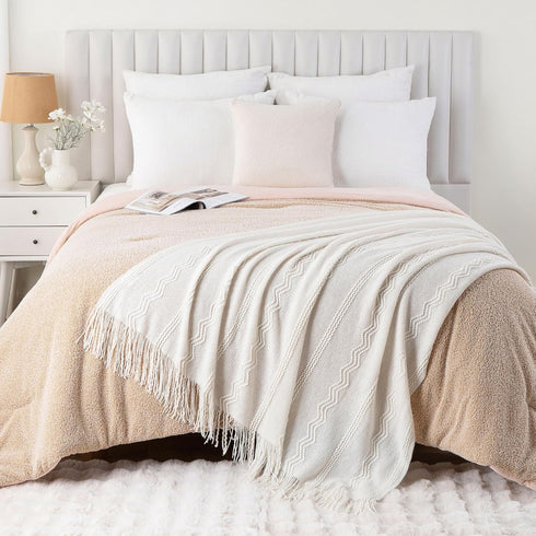 BATTILO HOME Boho Cream Throw Blanket for Couch, Decorative White Blanket Throw for Sofa Living Room, 50"x60"