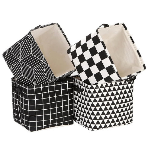 Sea Team Foldable Large Square Black and White Geometric Storage Bins, 100% Natural Linen & Cotton, Set of 4