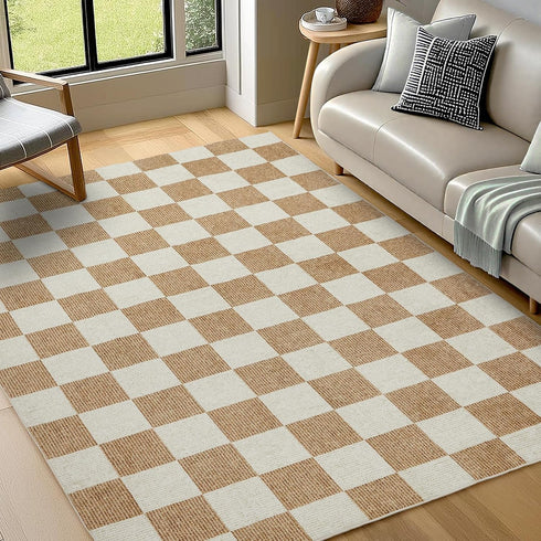 EcoNest Washable Door Mat Indoor Entrance 2x3 Checkered Rug, Beige and White Area