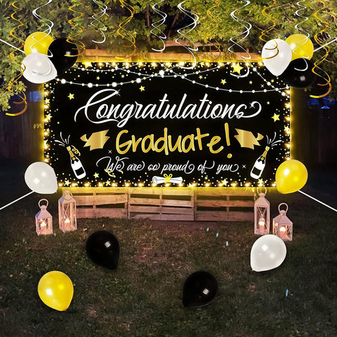 90shine Graduation Decorations - Class of 2025 Lighted Congrats Grad Banner, 25PCS Black Party Supplies
