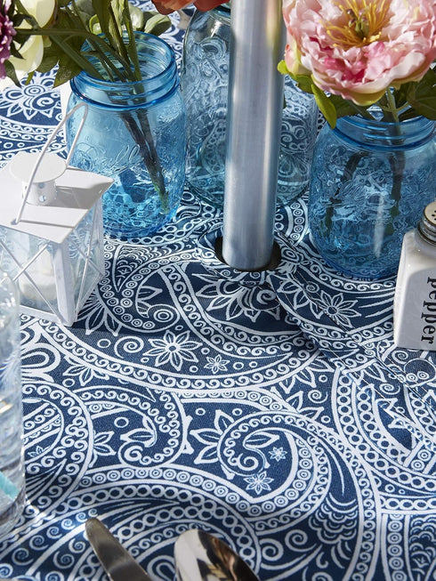 DII Paisley Outdoor Tabletop Collection, Water Resistant Tablecloth, 60" Round, Blue