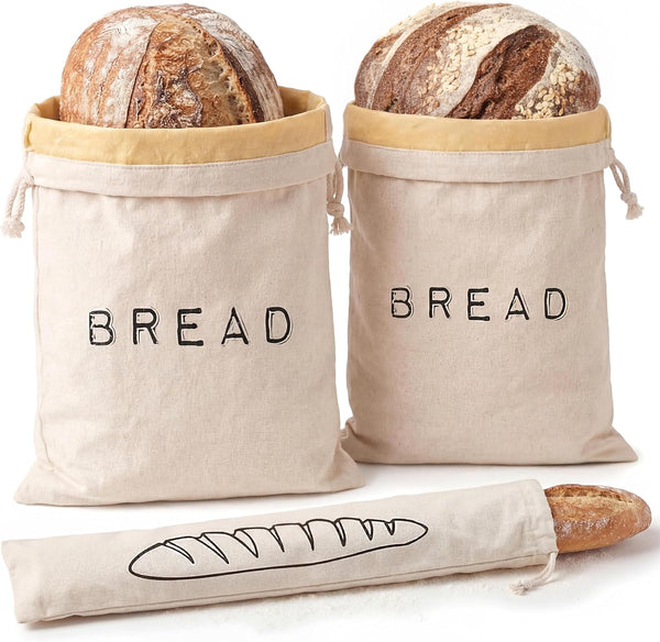Leafico Bread Bag Set 2 Cotton Loaf Bags + 1 Baguette Bag