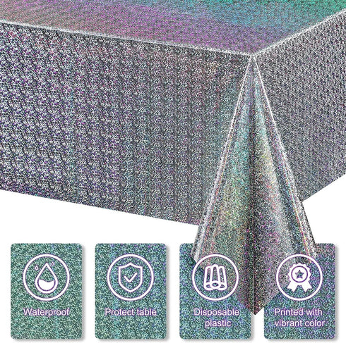 Irenare 3 Pack Iridescence Plastic Tablecloths, Holographic Foil Laser Table Covers for Girl Party Wedding Decorations