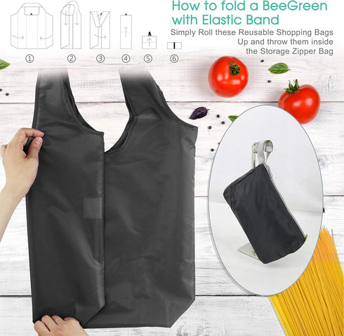 BeeGreen 10 Pack 50LBS Black Reusable Grocery Bags with Storage Pouch Reusable Shopping Bags Bulk with Elastic Band