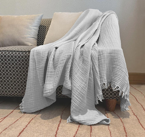 KyraHome 100% Organic 90"x104" King Cotton Blanket, Plant Dyed, Lightweight Gauze Muslin for Summer, Light Grey