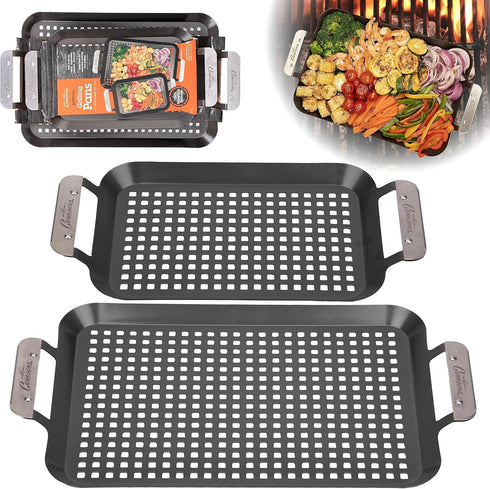 Camerons BBQ Grill Topper Grilling Pans, Set of 2, Non-Stick Barbecue Trays for Indoor Outdoor Use