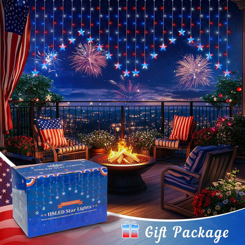 4th Lights,118LED woohaha of July Patriotic Star Icicle Red White and Blue Curtain Window Lights,Connectable Star