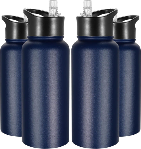 VEGOND 32 oz Insulated Water Bottle Bulk, Stainless Steel Metal Water Bottles with Leak Proof Straw Lid & Spout Lid, 4