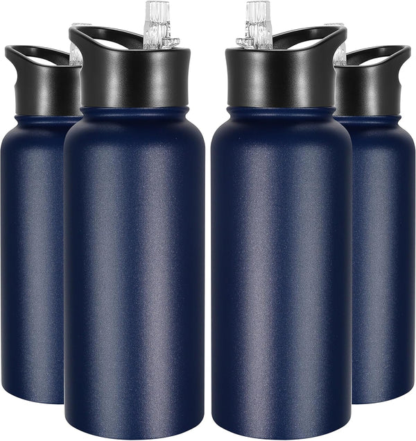 VEGOND 32 oz Insulated Water Bottle Bulk, Stainless Steel Metal Water Bottles with Leak Proof Straw Lid & Spout Lid, 4