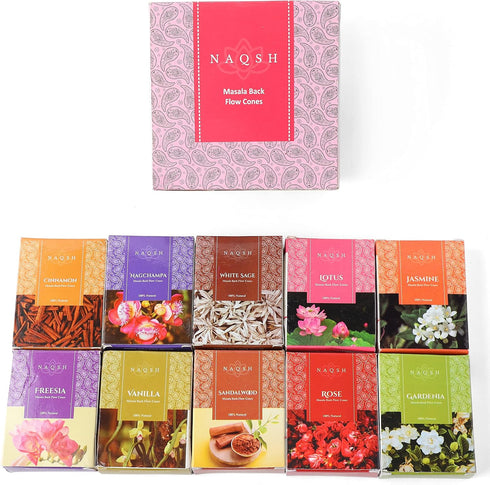 Premium Masala Back Flow Cones, NAQSH Natural Incense Cones Assorted 10 Fragrances, 8 Cones Each