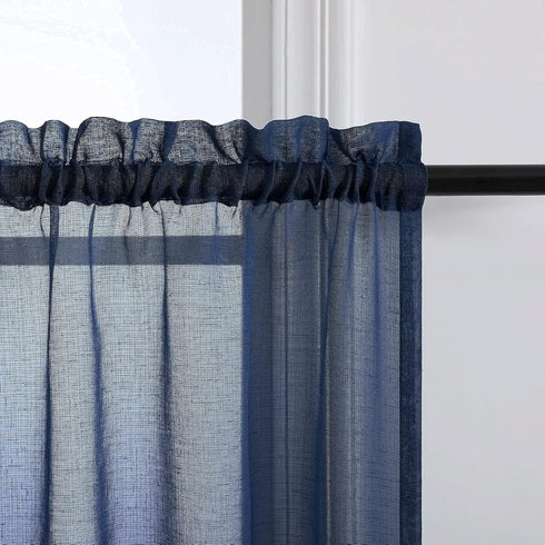 Navy Kitchen Curtains, 36 Inch Length for Basement Window, Semi Sheer Faux Linen Short Cafe Tier Drapes