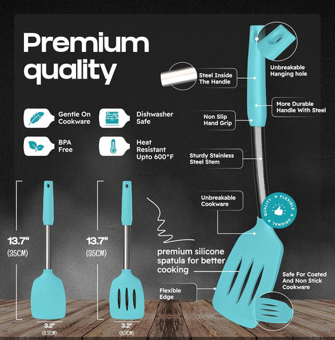 Silicone Spatula Set - Turner Spatulas Silicone Heat Resistant 600°F - Slotted & Solid Silicone Spatulas for Cooking Fish, Eggs, Pancakes Flipper – Silicone Cooking Utensils Set – Aqua by BAKEROYAL