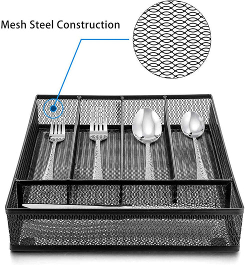LIANYU Silverware Utensil Drawer Organizer - 5 Compartments Steel Mesh Tray with Foam Feet, Black