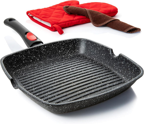 Moss & Stone 11In Square Grill Pan, Nonstick Die Casting Aluminum, Removable Handle for Indoor Cooking, Meats &