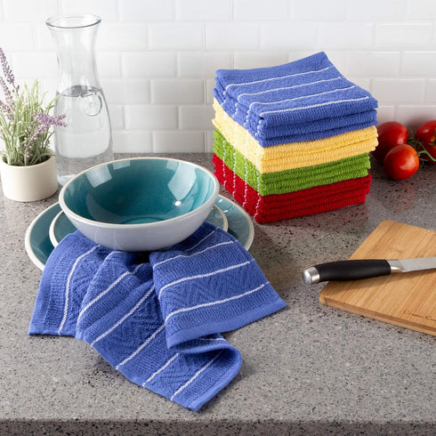 Bedford Home Set of 16 Kitchen Dishcloths, 12.5"x12.5" Absorbent 100% Cotton in Chevron Weave Pattern