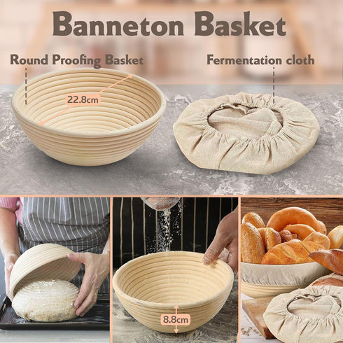 Bread Proofing Basket set– 9 inch Round Banneton Bread Proofing Basket Set of 20 Bread Making Tools- Sourdough Proofing Basket with Scraper & Lame | Sourdough Bread Baking Supplies
