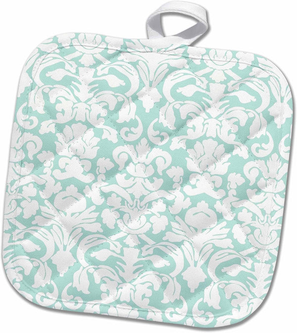 3D Rose Mint White Damask Pot Holder, Fancy Pastel Blue Green Floral, 8 x 8