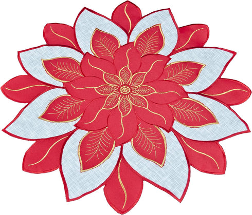 Embroidered Holiday Christmas Doily Placemat, Red White and Gold Star Poinsettia Small Table Topper (24 Inch)