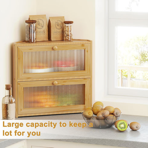 Countertop, BAMBANG Corner Bread Box for Kitchen Double Layer Bamboo Bread Storage Container with Wavy Windows