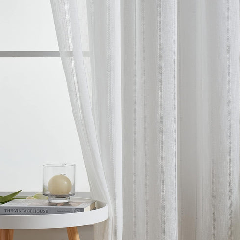 Home Brilliant Striped White Sheer Curtains, 84 Inches Long, Lace Voile Window Treatment, 2 Panels, 54" X 84"