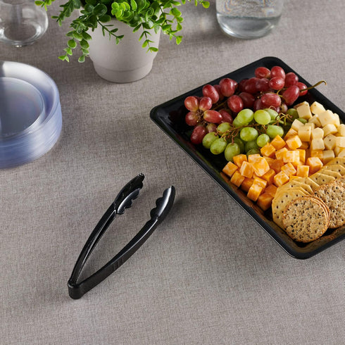 Plasticpro 9'' Heavy Duty Black Tongs, Reusable Kitchen and BBQ Serving Tong, Pack of 12 for Events