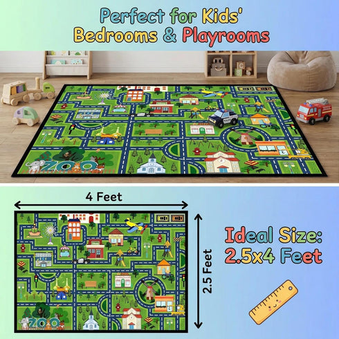 2.5x4 Kids Car Rug Play Mat Feet City Life Road Traffic Carpet for Bedroom Playroom Non Slip Backing Washable Floor Mat