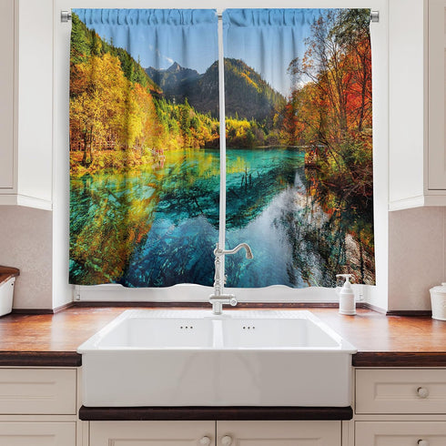 Ambesonne Landscape Kitchen Curtains, Colorful View of 5 Flower Lake with Azure Water Among Fall Woods in Jiuzhaigou, Window Drapes 2 Panel Set for Kitchen Cafe Decor, 55" X 39", Blue and Green by Ambesonne