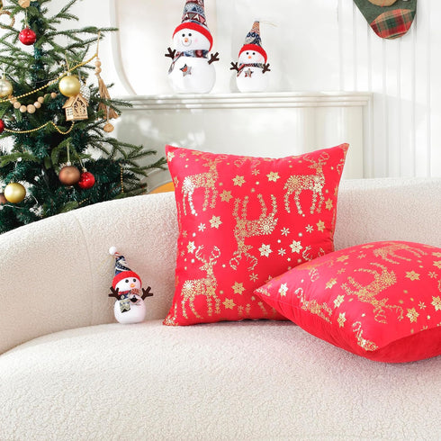 TAOSON Pack 2,Gold Cozy 18" 18" of Christmas Pillow Covers Velvet Soft Bronzing Snowflake Deer Printed Decorative