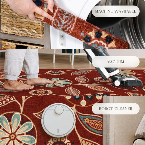 Maples Rugs Reggie Floral Kitchen Rug, Washable Non Slip Indoor Carpet, 1'8 x 2'10, Merlot