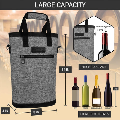 OPUX Insulated Leakproof Two Bottle Wine Bag Carrier - Portable Wine Case for Travel, Heather Grey
