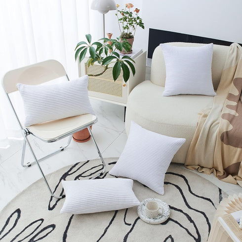 Home Brilliant 24x24 Euro Sham Spring Pillow Cover, Striped Corduroy Textured Velvet, Pure White