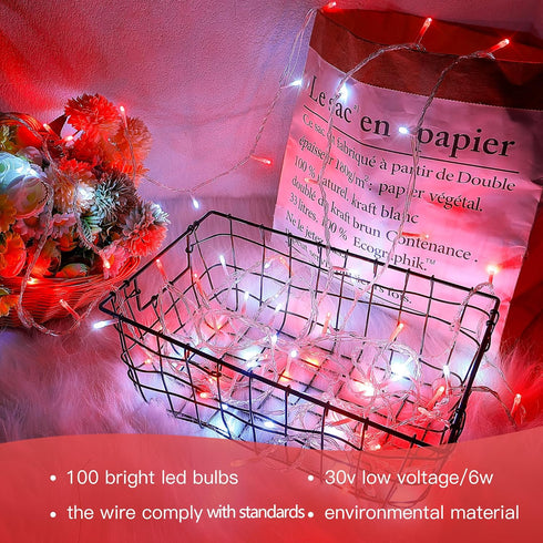 33FT 100 Wedding,100 Hopolon Led String Lights Indoor Outdoor,Red and White Christmas Lights Clear Wire,Connectable