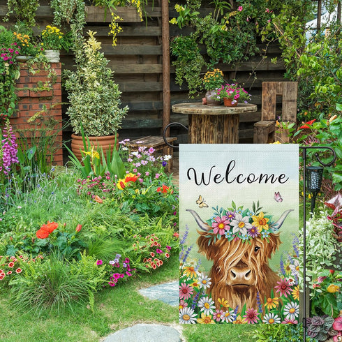 Welcome Spring Garden Flag 12x18 Inch Burlap Double Sided Vertical Highland Cow Farmhouse Outdoor Decor
