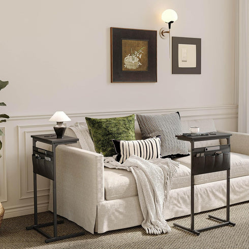LET501B C Shaped End Table, Side Table for Sofa, Small TV Tray, Couch Table with Storage Bag for Small Space, Living