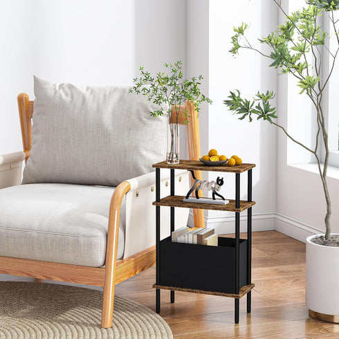 Newmics 3-Tier Narrow Side Table with Fabric Basket, End Table for Small Spaces, Slim Nightstand with Storage Shelf