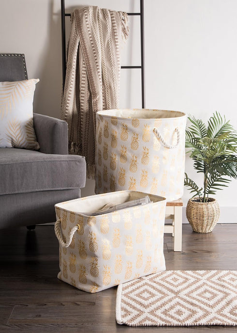 DII Gold Metallic Collection Polyester Storage Bin, Collapsible with Handles, Medium, Pineapple