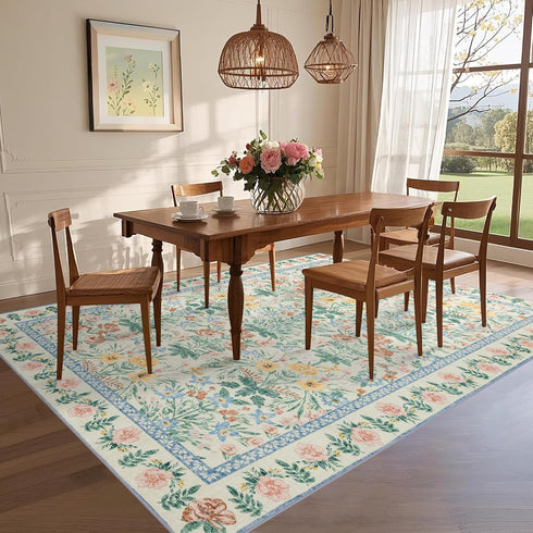 5x7 Boho Area Rugs: Floral Washable Rugs for Living Room Bedroom Nursery Girls Room Decor - Soft Non-Slip Carpet