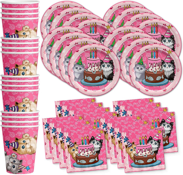 Kitty Cat Pink Kitten Birthday Party Supplies Set, Tableware Kit for 16 Plates Napkins Cups