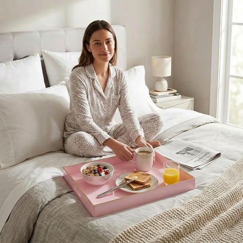 MaAixHom 15.8" 11.8" Counter, x Pink Decorative Serving Tray with Gold Trim and Handles, Sturdy Rectangular Ottoman