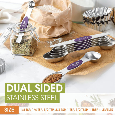 Spring Chef Purple Magnetic Measuring Spoons Set of 8: Dual Sided Metal Teaspoon & Tablespoon for Baking & Cooking